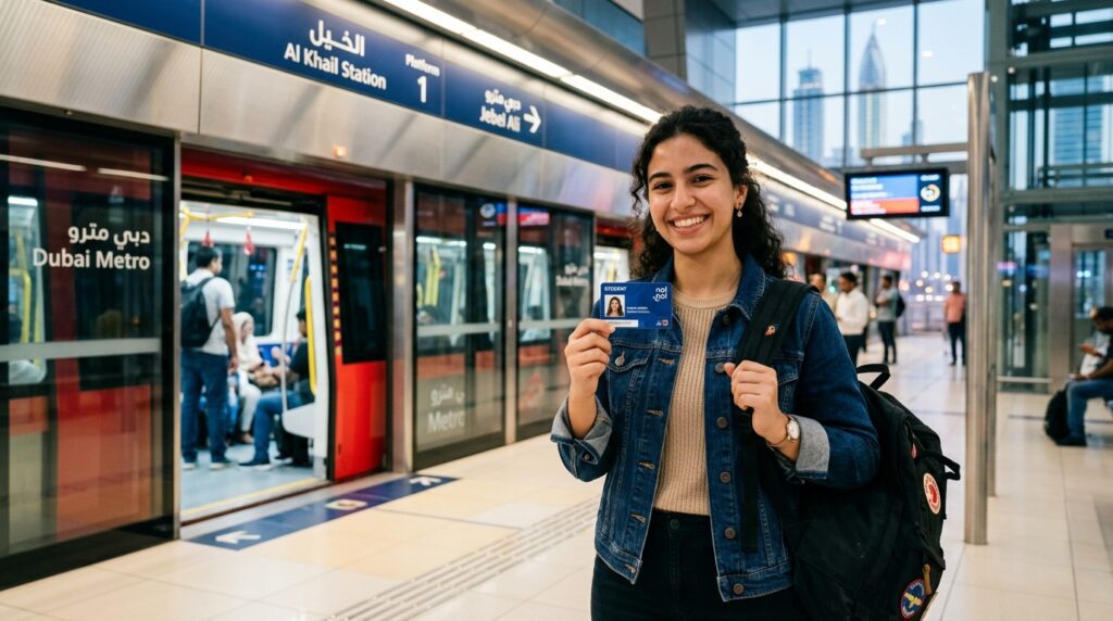A student tapping a blue nol card at a Dubai Metro gate
