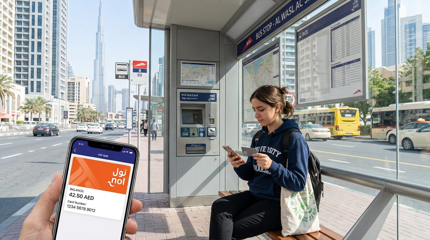 A university student checking a nol card balance on a phone at a bus stop